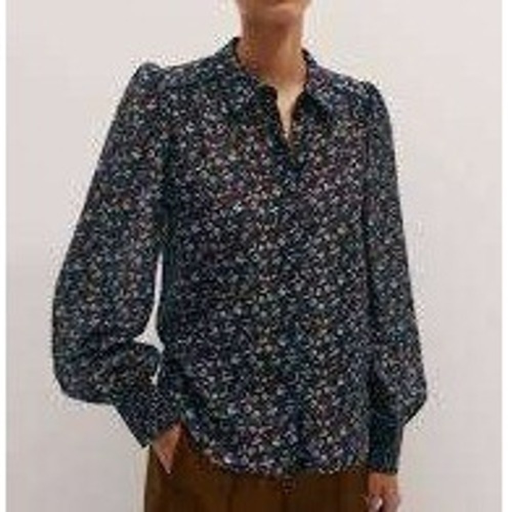 ME+EM Silk Cotton Cottage Garden Print Blouse Navy Multi Size 2 New With Tags